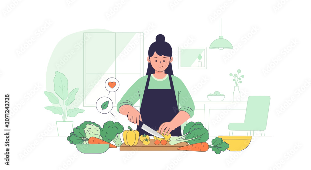 Fototapeta premium Woman preparing healthy vegan food in kitchen, cutting vegetables for vegan meal