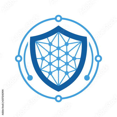 A blue digital shield icon with a geometric network pattern