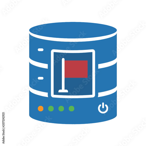 A blue digital storage server icon with a red flag symbol