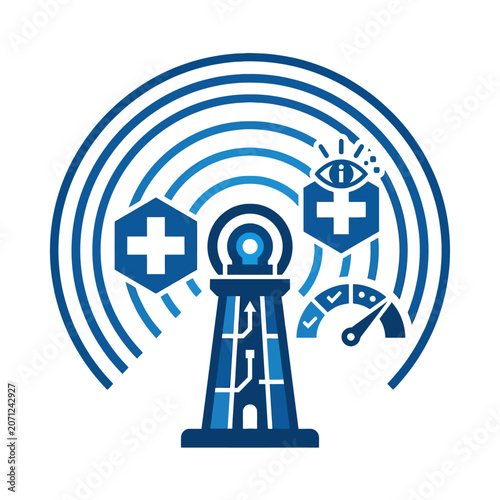 A blue digital tower icon with medical and data symbols