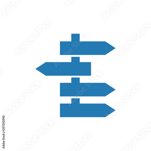 A blue directional sign post stands against a white background