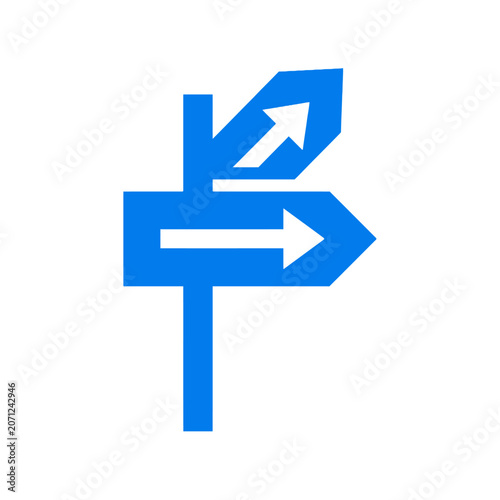 A blue directional sign shows two paths for travelers to follow