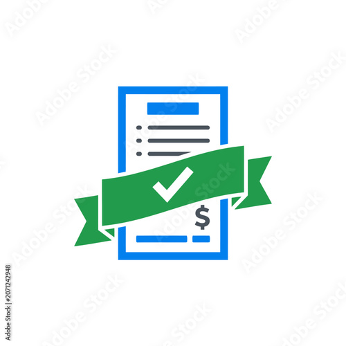 A blue document icon features a green ribbon with check mark
