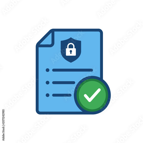 A blue document icon featuring a secure shield and check mark