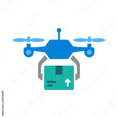 A blue drone carries a green package through the air