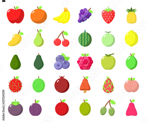 Flat Fruit Icon Set, Colorful Fresh Fruits Vector Illustration Pack