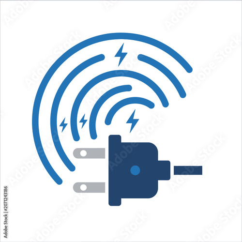 A blue electrical plug icon with radiating energy wave lines