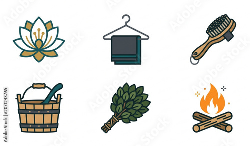 Foto Spa Sauna Accessories and Campfire Vector Icon Collection