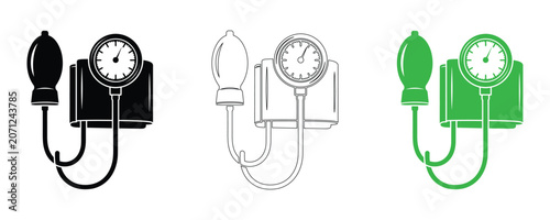Blood pressure monitor icon set in black, white and green, sphygmomanometer vector