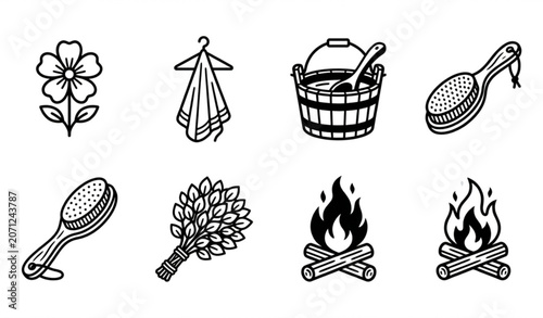 Fotografie Flower Towel Sauna Bucket Brush Broom and Campfire Icon Pack
