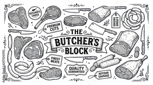 Tableau sur toile Hand-Drawn Butcher Shop Products - Meat Cuts, Sausages, and Butcher's Tools