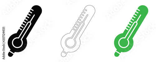 Thermometer icon set in black, white and green, medical temperature vector