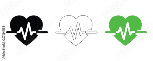 Heart with ECG heartbeat icon set in black, white and green, medical health symbol