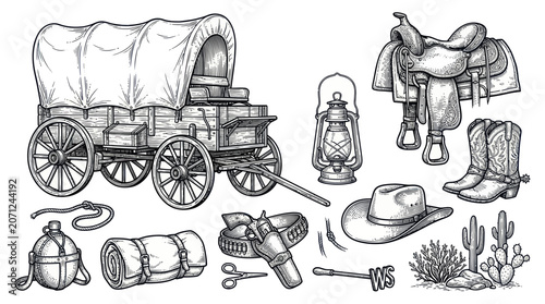 Bild auf Leinwand Wild West Cowboy Gear and Covered Wagon Illustration - Vintage Sketch Style