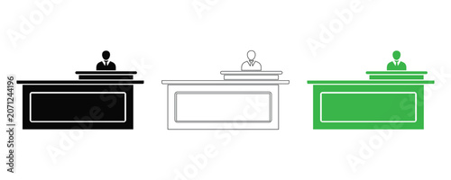 Office desk icon set in black, white and green, reception counter vector