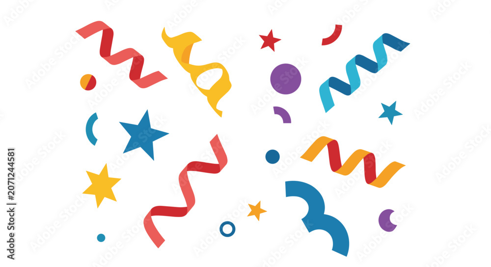 Obraz premium Vibrant party celebration background with colorful confetti streamers and stars scattered on a white surface.