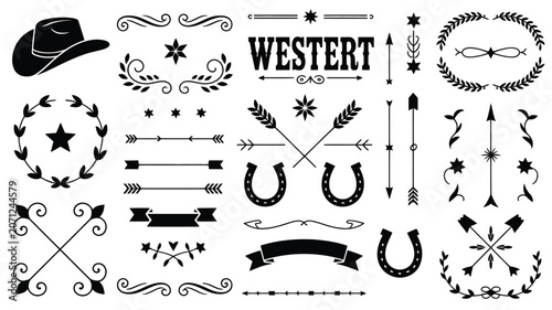 Vintage western decorative design elements with rustic cowboy ornaments