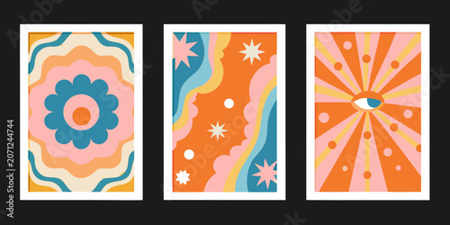 Valokuva Retro Seventies Style Abstract Art Prints With Floral Wave And Eye Motifs 1970s