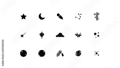 Quadro su tela Celestial and nature icons star moon comet constellation bamboo shooting star lantern cloud