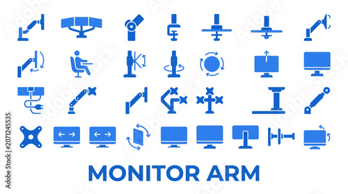 Blue monitor arm and desk mount icon set