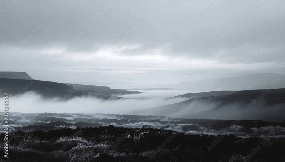 Fototapeta premium Misty Seaside Landscape with Rolling Hills.