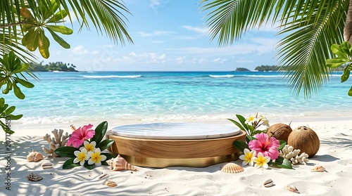 Beautiful tropical beach scene with a wooden and marble podium surrounded by flowers and coconuts