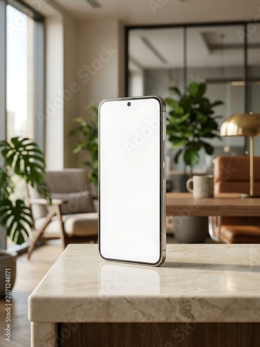 Modern smartphone display with a blank white screen on a marble surface in a bright office setting