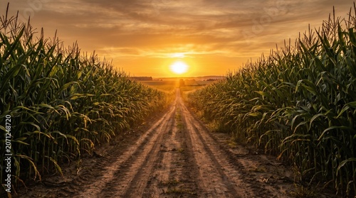 Dirt road through tall cornfield at golden hour sunset 70 characters agriculture