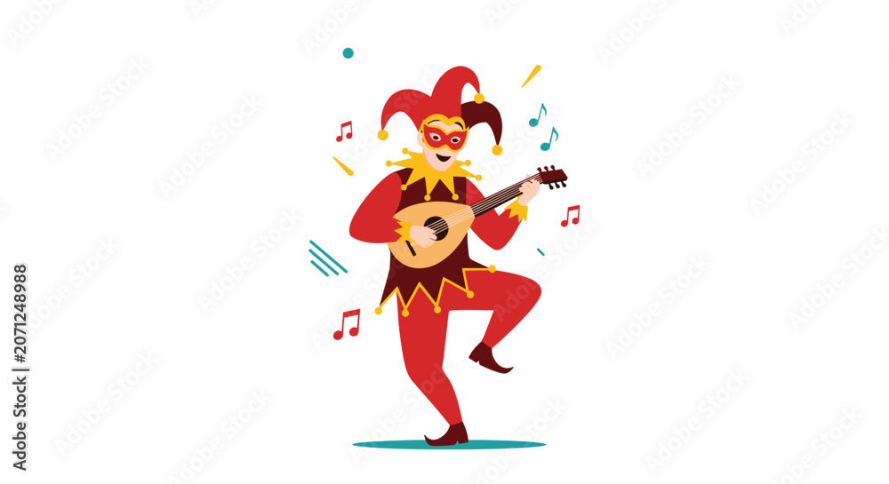 Naklejka premium Colorful medieval jester wearing a traditional hat plays a lute and dances among musical notes in a whimsical character illustration.