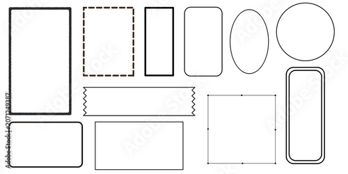 Set of geometric frame outlines, blank rectangular borders, and badge labels for text banners vector templates.