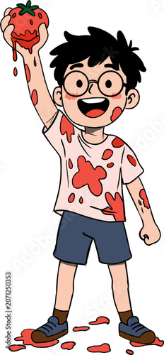 Cute Halloween Kid with Tomato Splash La Tomatina Style Illustration