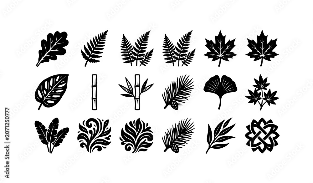 Fototapeta premium Modern botanical leaf icon collection featuring 16 black and white vector designs
