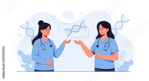 Two female doctors discussing DNA helix, representing genetics research, biotechnology, and medical science innovation