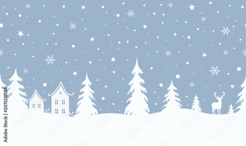 Obraz premium Winter Background. Christmas Village. Seamless Border. Fairy tale Winter Landscape. White Houses, Fir trees, Deer on Blue Background. Vector Illustration