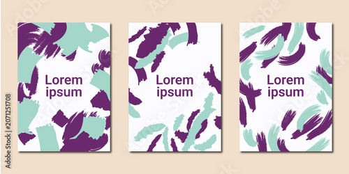 Abstract Brush Stroke Cover Set – Purple Mint Green Artistic Paint Mark Poster Template Flat Vector Illustration
