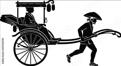 Man pulling traditional rickshaw with passenger