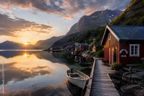 Serene lakeside village at dusk lake landscape norway boat village fishing fjord austria clouds.Serene lakeside village at dusk house view mountains sea water mountain sky nature travel reflection.