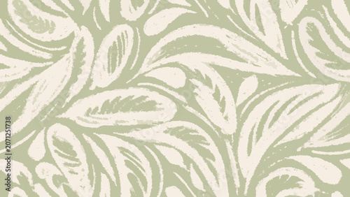 Pale green floral ornament with swirling leaves and textured brushstroke effect seamless repeating pattern abstract acanthus aesthetic