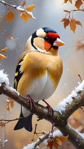 A vibrant bird with colorful plumage perches on a snow-covered branch, amidst autumn leaves. The bird is framed against a blurred, soft, winter backdrop