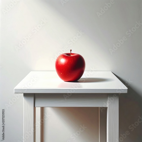 Shiny red apple resting on a simple wooden stool, soft natural lighting and clean shadows, still life photography for healthy eating concepts