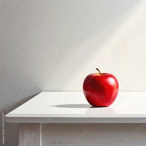 Shiny red apple sitting on a table in natural side lighting, still life photography, healthy food, fresh fruit, simple minimalist interior composition