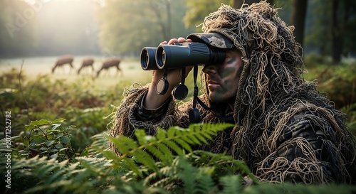 Hunter in camouflage ghillie suit uses binoculars to observe wild deer in a misty forest during the early morning light