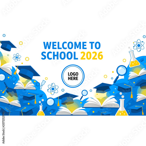 Welcome To School 2026 Education Background Banner Design With Graduation Caps And Books
