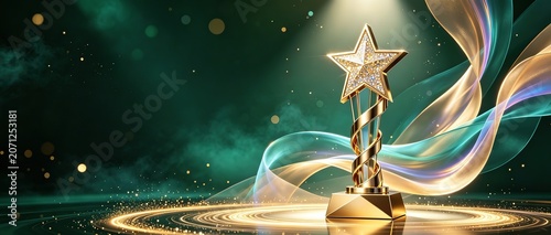 Award trophy with green ribbon background,  Ideal for award ceremony banners, corporate annual meeting posters, outstanding staff slides, championship headers and prize event graphic templates.