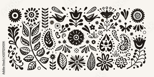 Fotografía Scandinavian floral ornament pattern with stylized leaves flowers and bird shape