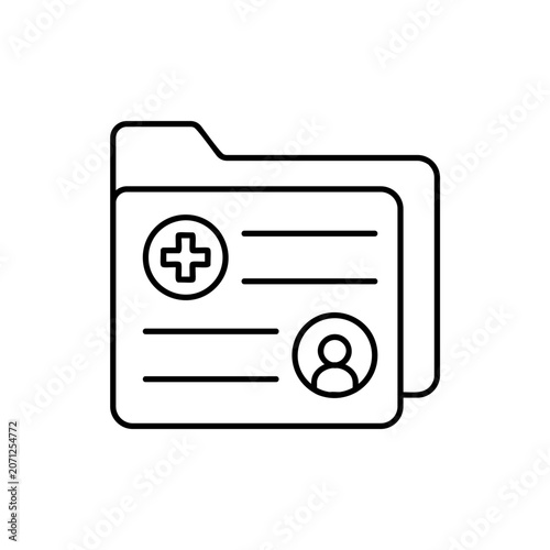 Medical record file folder vector line art icon of patient health history card with cross medical symbol and user avatar for healthcare administration clinic database and hospital concept