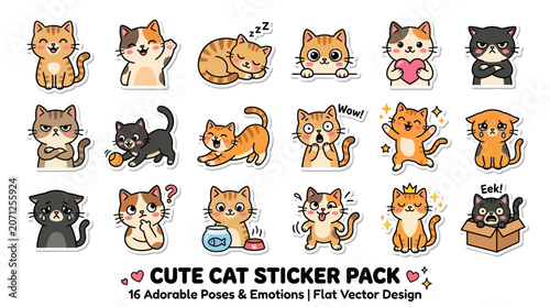 Cute Cat Sticker Pack Vector.