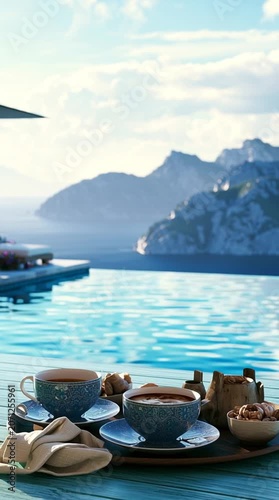 Elegant lakeside infinity pool blends seamlessly with calm blue water and mountain views, offering a peaceful luxury escape in stunning natural surroundings.