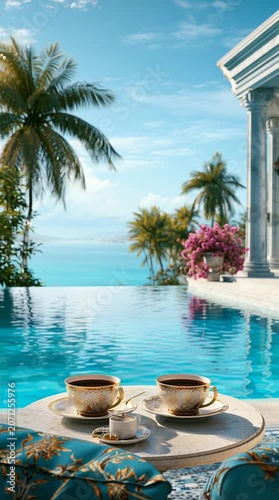 Luxury infinity pool overlooks majestic mountains and crystal blue water, creating a breathtaking travel destination with relaxation and panoramic scenery.