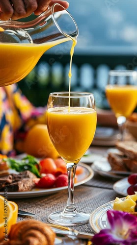 Fresh orange juice is poured into a glass during a bright breakfast setting, creating a warm morning scene filled with freshness, health and sunshine.